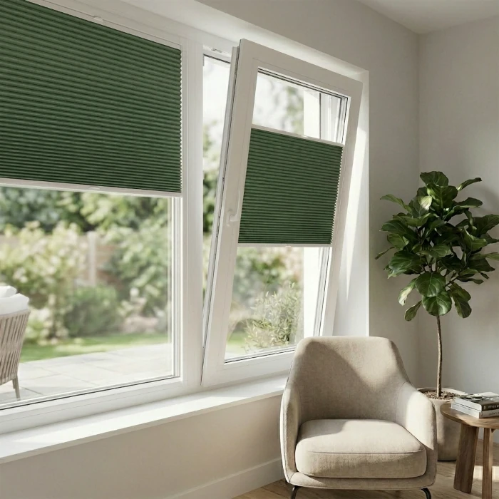 Minimalist pleated blinds with soft natural light in modern Málaga interior