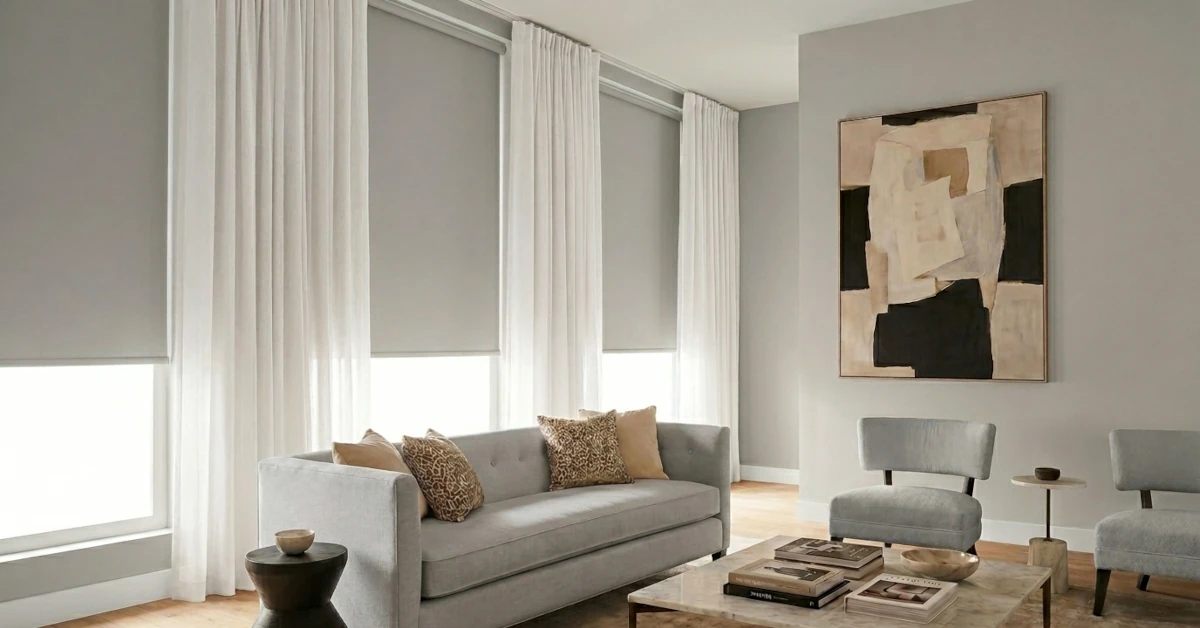 estores opacos con cortinas blancas instalados en salon moderno