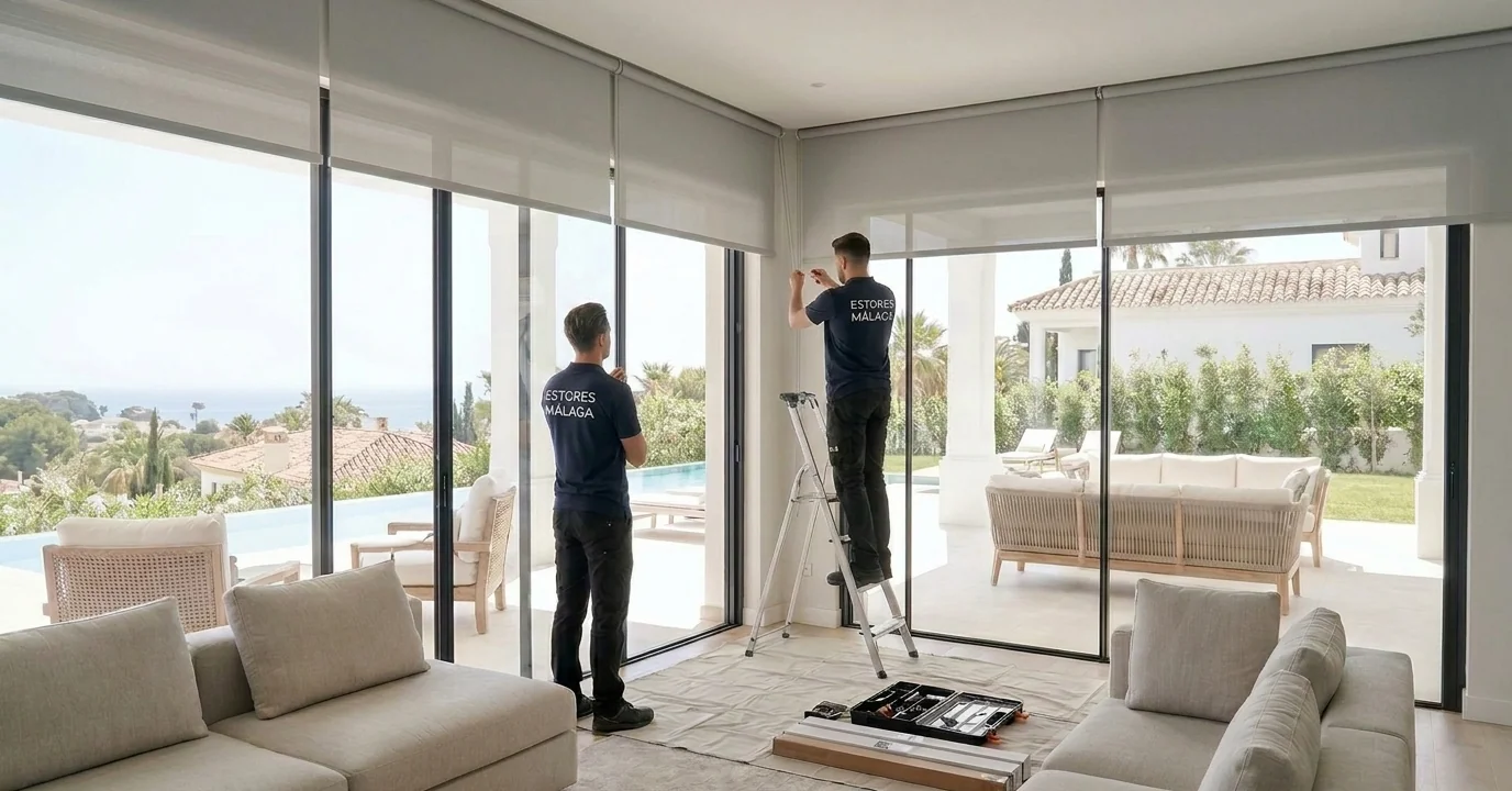 Professional technicians fitting bespoke roller blinds in a modern Málaga residence
