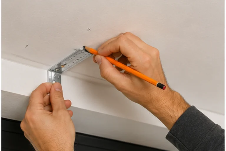 Instalador marcando en el techo los puntos para fijar los soportes de un estor enrollable